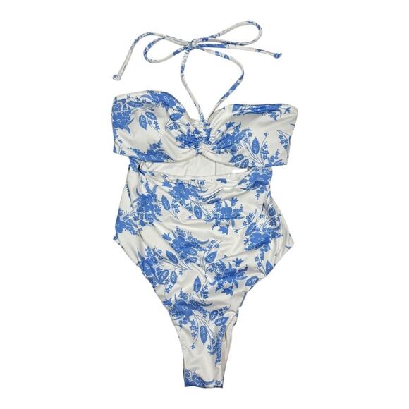 LoveShackFancy Baylor One Piece Swimsuit Medium Blue White Floral Bandeau - Picture 3 of 9